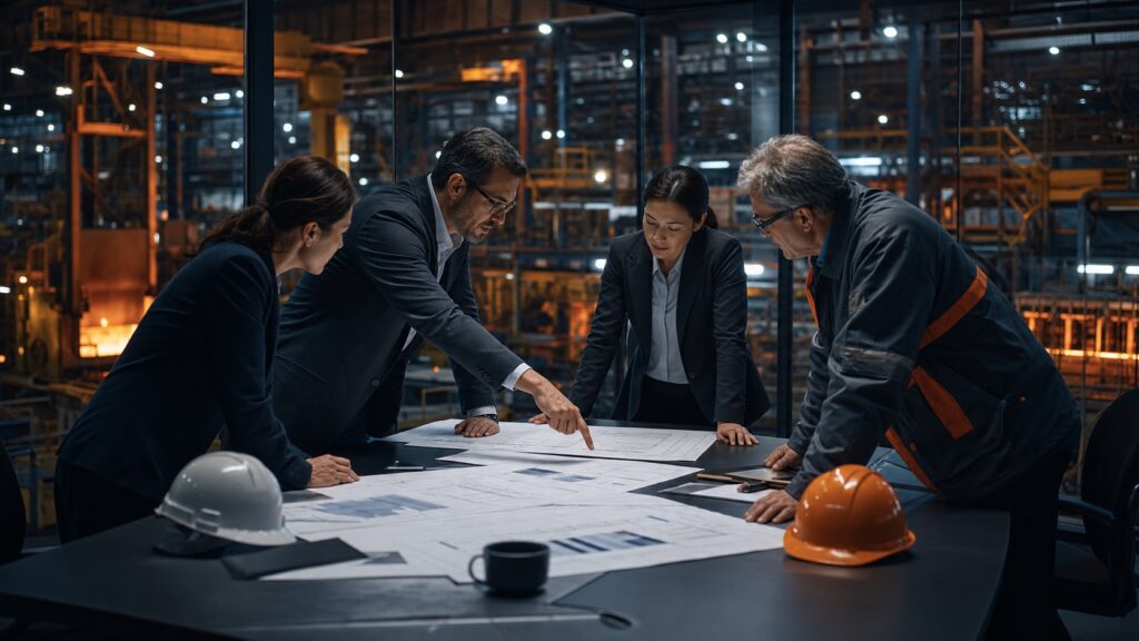 Steel industry consultants reviewing an industrial project