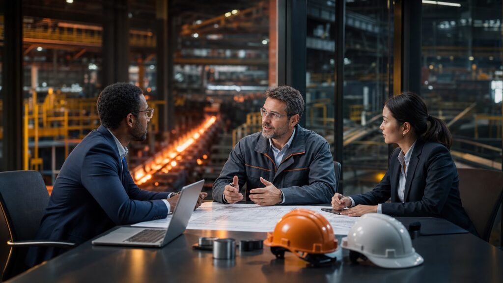 Steel industry representatives discussing a business partnership
