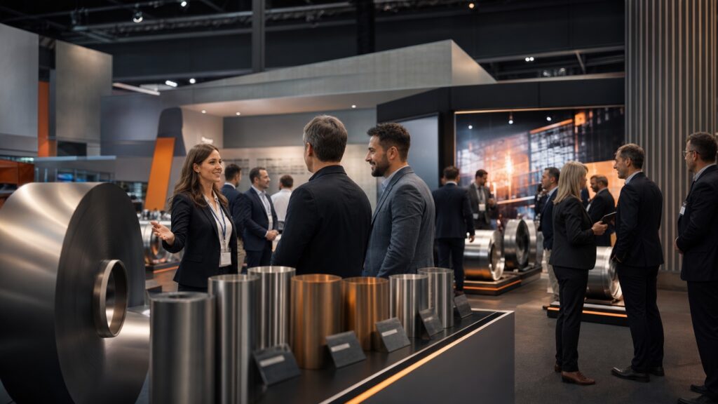 Steel industry professionals networking at a trade fair
