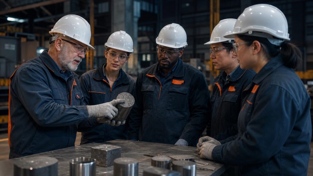 Metallurgy instructor training engineers in a steel facility